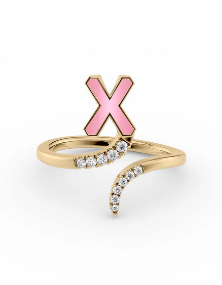 Pink X 14K Yellow Gold Initial Letter Dainty Ring
