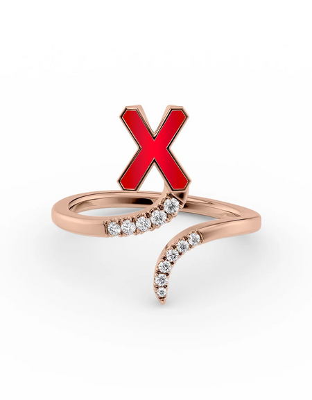 Red X 14K Rose Gold Initial Letter Dainty Ring