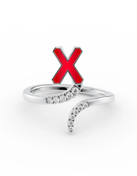 Red X 14K White Gold Initial Letter Dainty Ring
