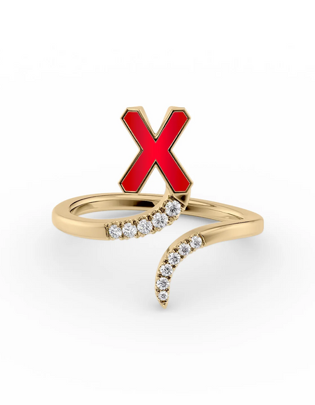 Red X 14K Yellow Gold Initial Letter Dainty Ring
