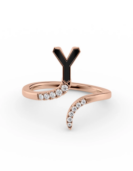 Black Y 14K Rose Gold Initial Letter Dainty Ring