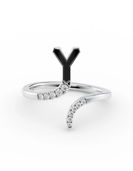 Black Y 14K White Gold Initial Letter Dainty Ring