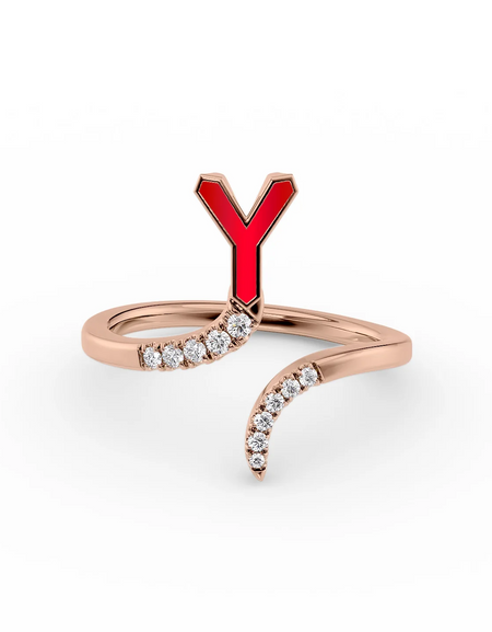Red Y 14K Rose Gold Initial Letter Dainty Ring
