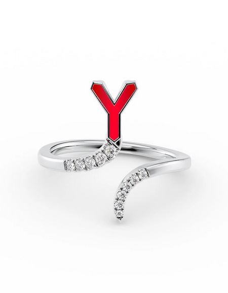 Red Y 14K White Gold Initial Letter Dainty Ring
