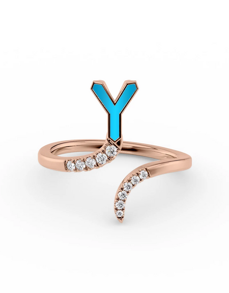 Turquoise Y 14K Rose Gold Initial Letter Dainty Ring