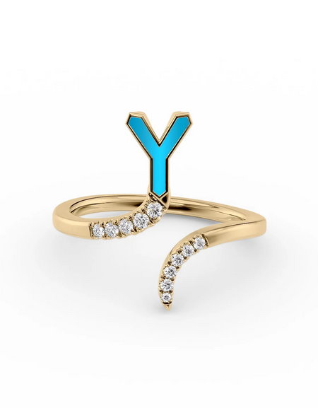 Turquoise Y 14K Yellow Gold Initial Letter Dainty Ring