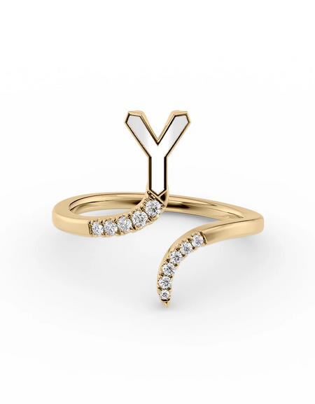 White Y 14K Yellow Gold Initial Letter Dainty Ring