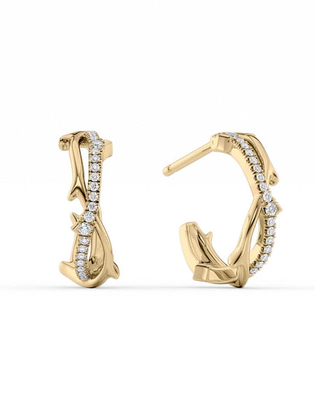 14k Yellow Gold Small Twig Pave Hoops