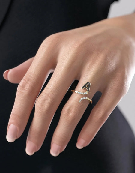 Black A 14K Yellow Gold Initial Letter Dainty Ring